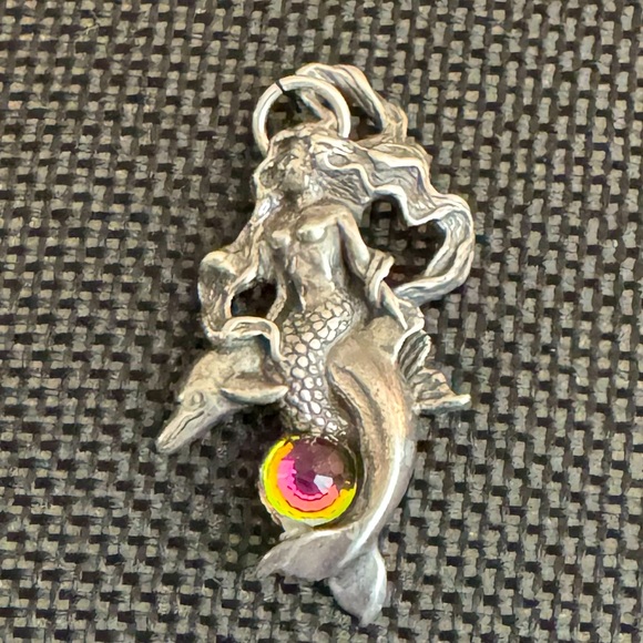 Mermaid on Dolphin Pendant Necklace -  Sterling Silver - Picture 3 of 7